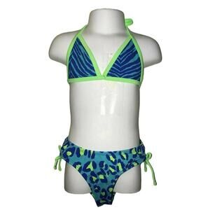 Girls 5 PS Aeropostale Blue Lime Green Zebra Cheetah Print Triangle Bikini Set